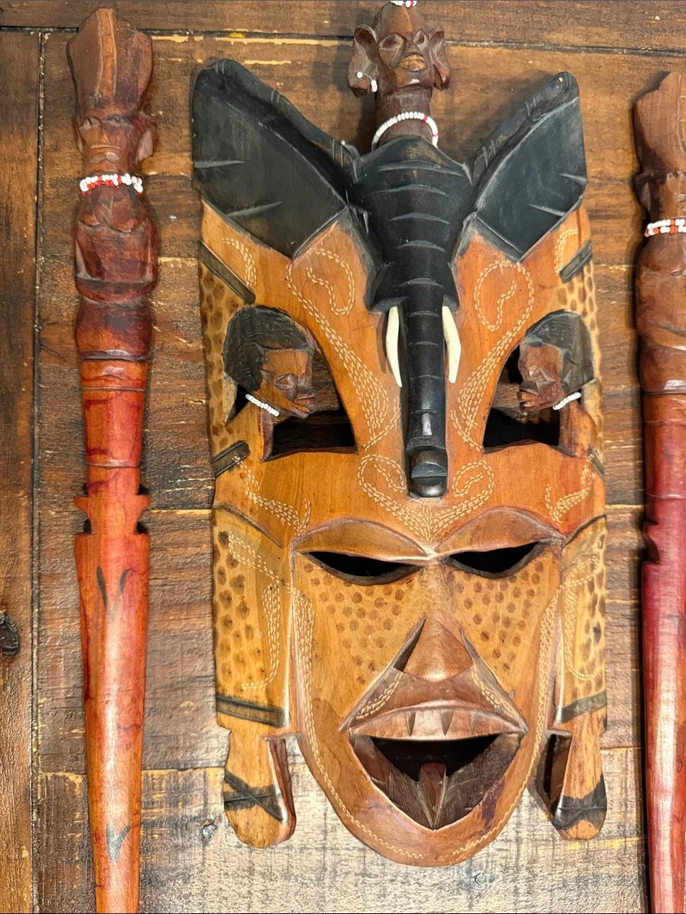 Hand-Carved Wooden Tribal Mask Wall Decor in Brown and Black